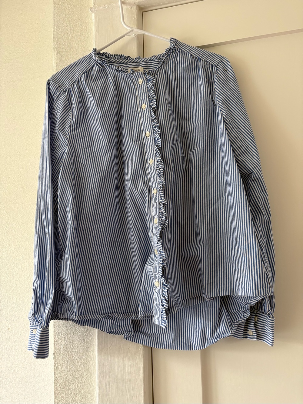 J. Crew Blue and White Striped Ruffle-Trim Blouse